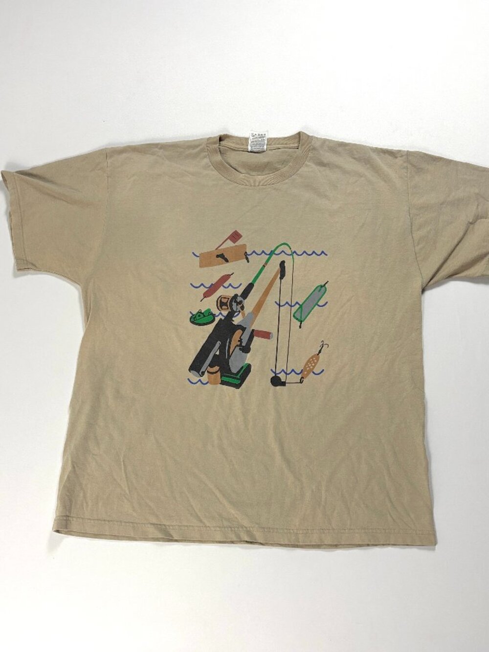 Vintage Fishboat Fishing T Shirt Tan Sz XL Cost Priceless Reel Fish On Outdoors